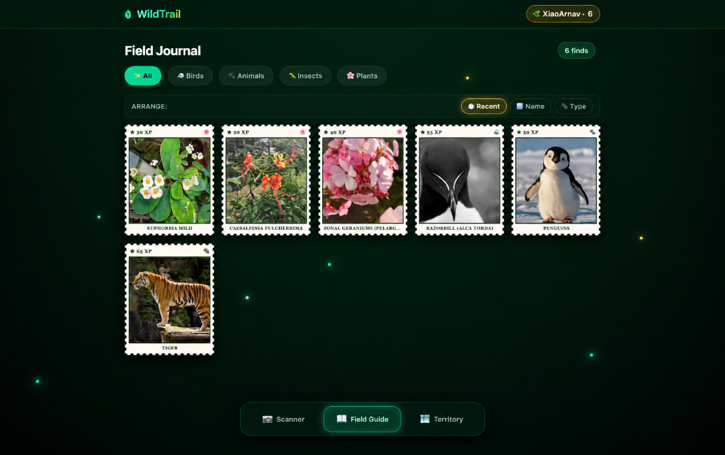 WildTrail Field Guide showing 3D specimen stamps