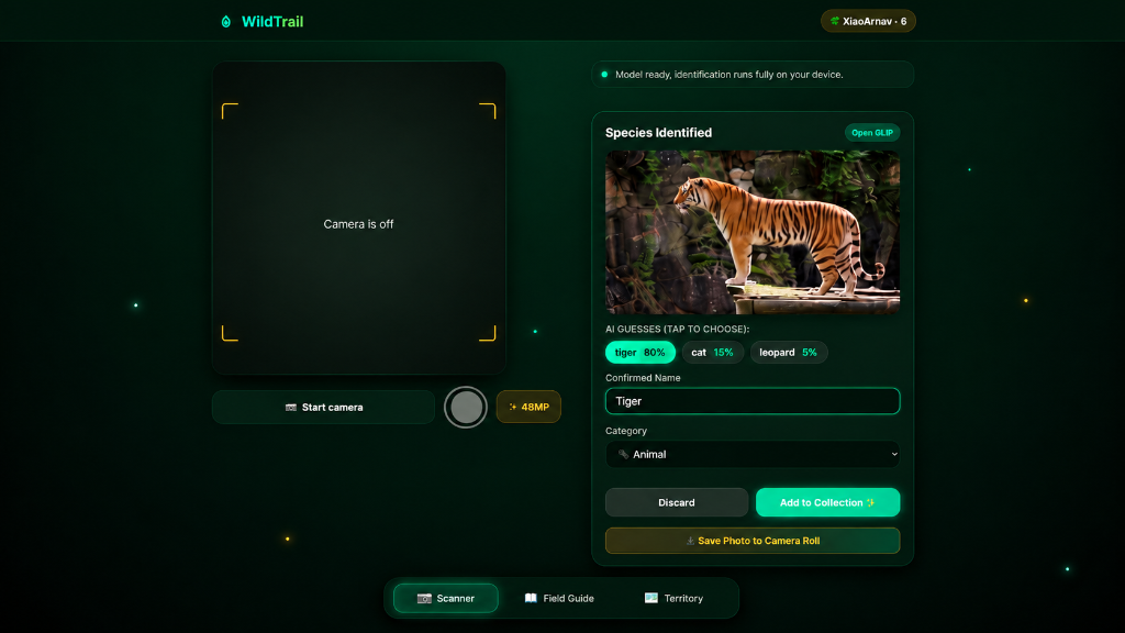 WildTrail species scanner showing on-device classification