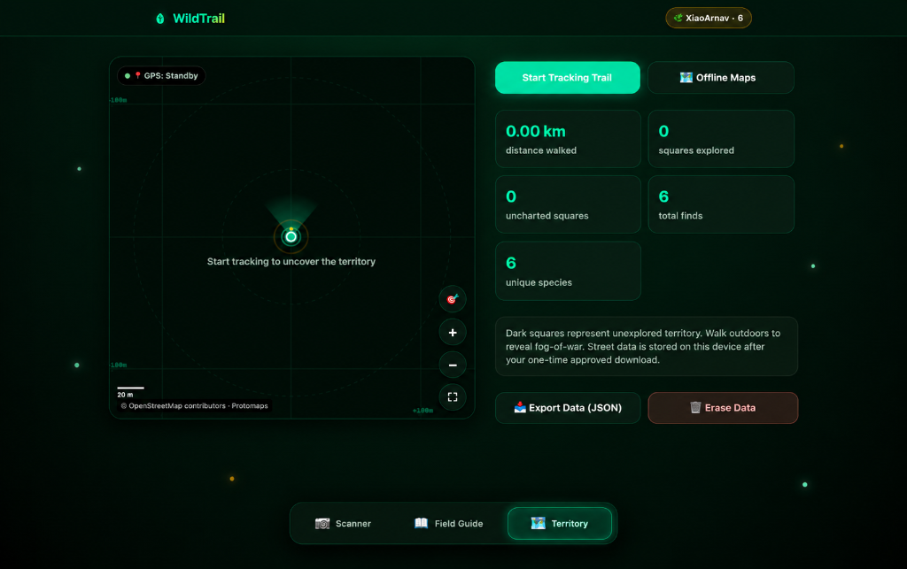 WildTrail Territory map with dynamic compass and fog of war